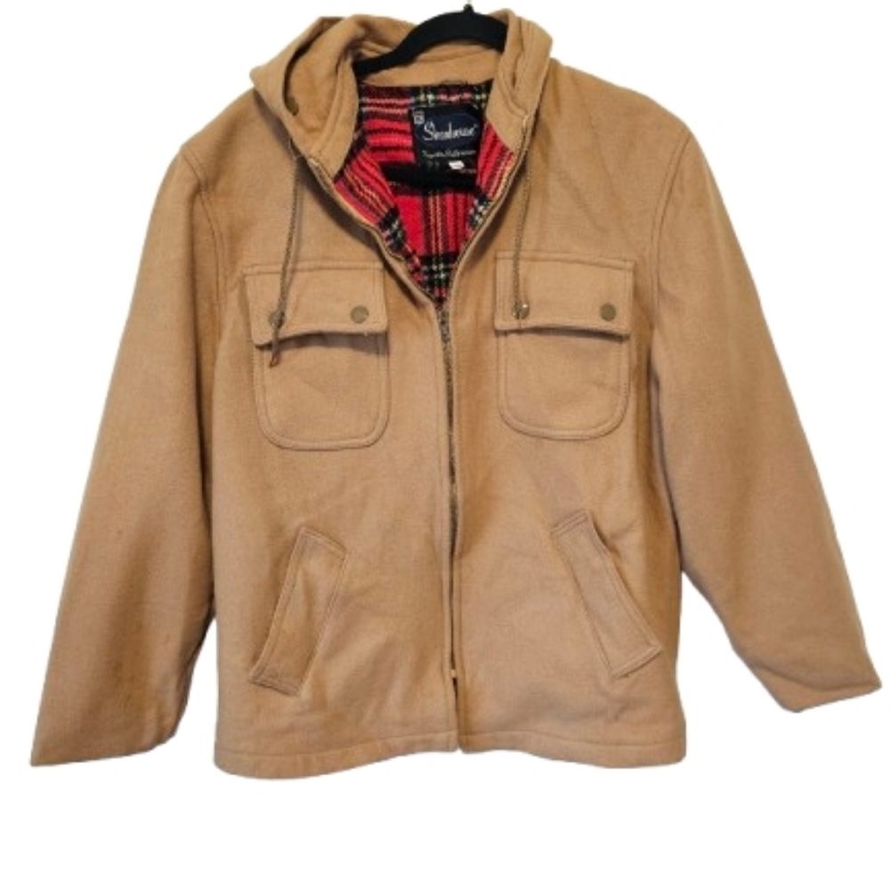 Shanhouse Vintage Men’s Hooded Jacket in Camel with Red Plaid Lining Size 40 Med
